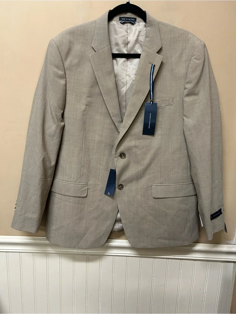 Tommy Hilfiger Trim Fit Mens Suit Jacket Tan Stretch Wool Blend Size 42s NWT